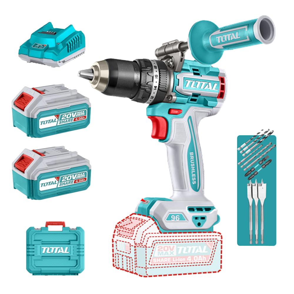 Taladro inalambrico percutor 1/2 20V 96NM incluye 2 bateria de 4.0AH, cargador, incluye accesorios industrial super total (UTIDLI209686)
