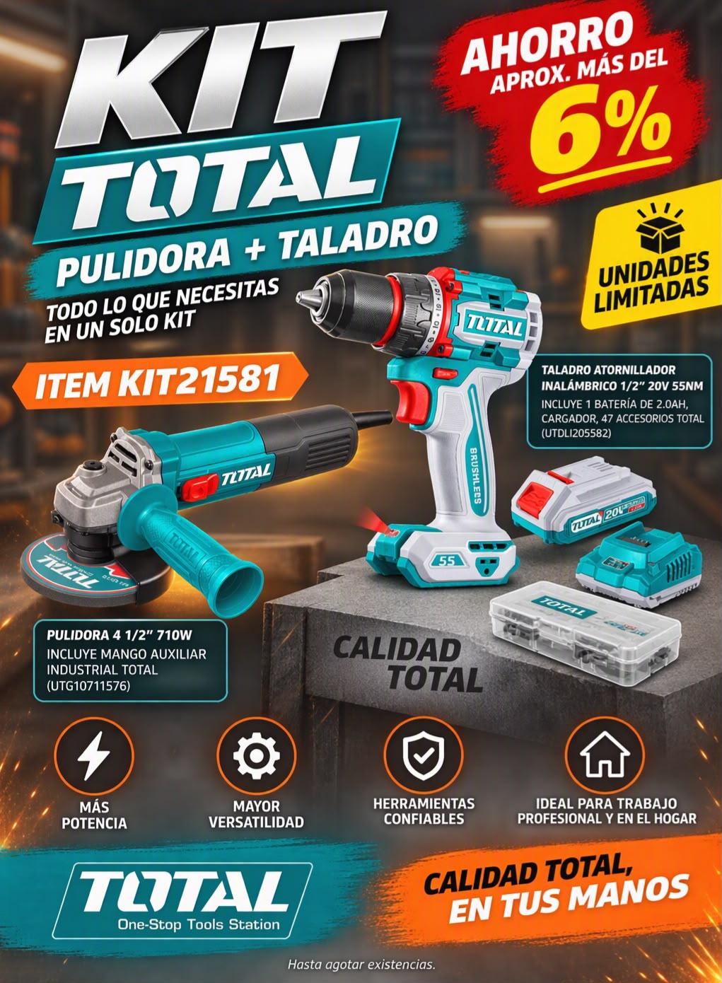 KIT TOTAL PULIDORA 4 1/2 710W AUXILIAR INDUSTRIAL TOTAL (UTG10711576) + TALADRO ATORNILLADOR INALAMBRICO 1/2 20V 55 NM INCLUYE 1 BATERIA DE 2.0AH, CARGADOR,47 ACCESORIOS TOTAL (UTDLI205582) Item: KIT21581