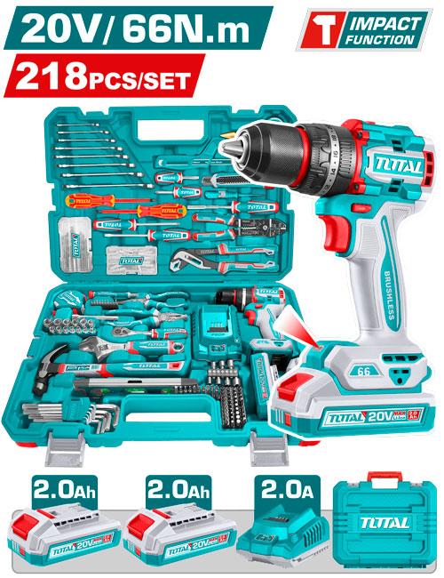 TALADRO PERCUTOR INALAMBRICO 1/2"" 20V 66NM + 2 BATERIA 2.0AH + CARGADOR + 214 HERRAMIENTAS INDUSTRIAL TOTAL (UTHKTHP42187) Item: 24024