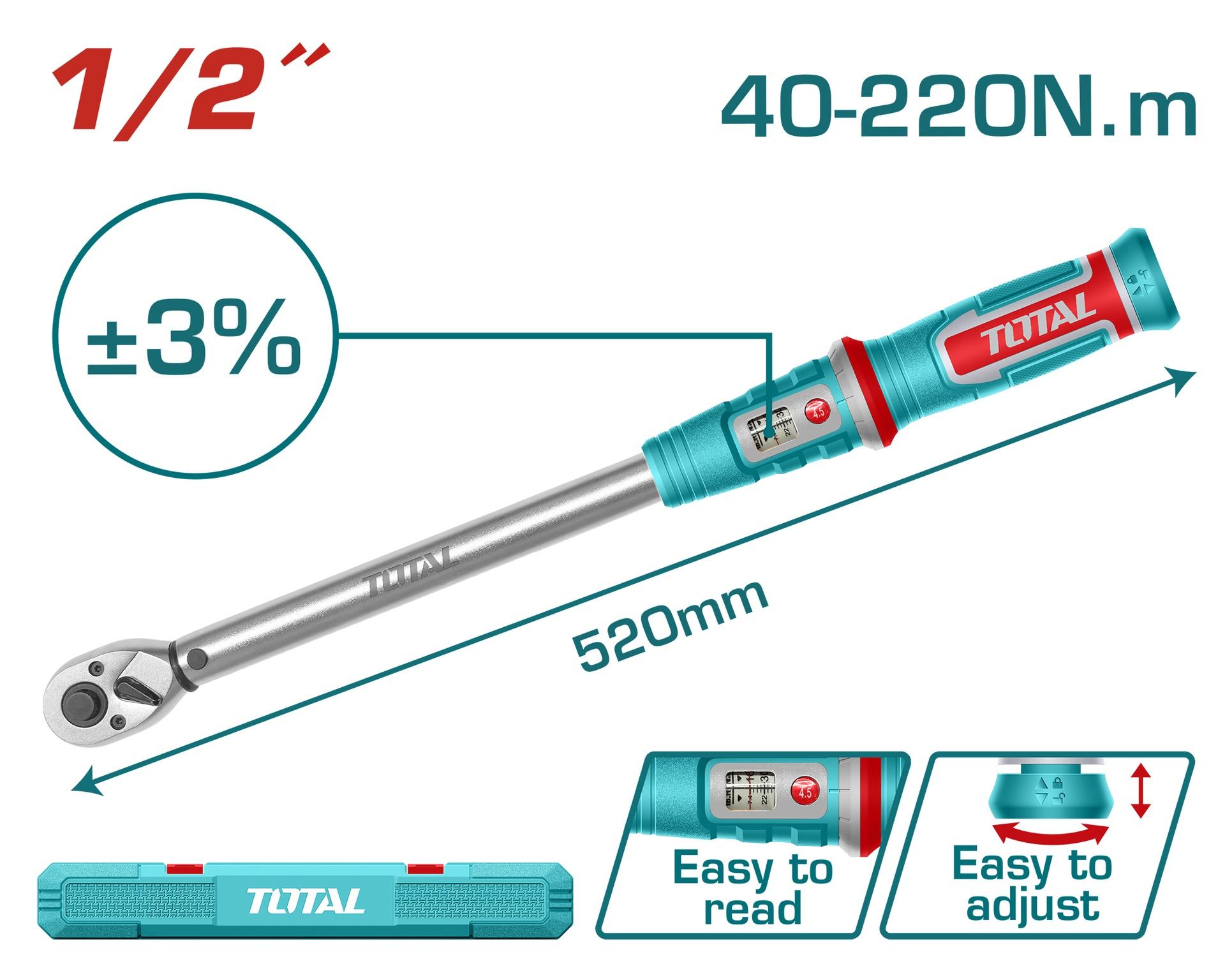 TORQUIMETRO 1/2"" 40-220NM TOLERANCIA DE TORQUE ±3% INDUSTRIAL TOTAL (THPTW1220N6) Item: 23858