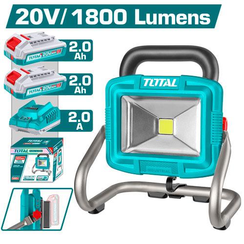 REFLECTOR RECARGABLE 20V 1800 LUMENES INCLUYE 2 BATERIAS 2.0AH Y 1 CARGADOR INDUSTRIAL TOTAL (UTWLI20259) Item: 23833