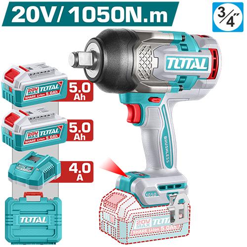 PISTOLA IMPACTO INALAMBRICA 3/4"" 20V 1050NM INCLUYE 2 BATERIAS 5.0AH Y 1 CARGADOR INDUSTRIAL SUPER TOTAL (UTIWLI201056) Item: 23832
