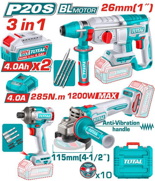 COMBO INALAMBRICO 20V ATORNILLADOR DE IMPACTO 1/4"" 285NM + PULIDORA 4-1/2"" 1200W + TALADRO ROTOMARTILLO SDS PLUS 1"" 2.5 JULES + 2 BATERIAS 4.0AH + CARGADOR 4.0AH INCLUYE ACCESORIOS INDUSTRIAL SUPER TOTAL (UTOSLI260191) Item: 23828