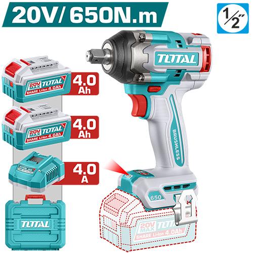 PISTOLA IMPACTO INALAMBRICA 1/2"" 20V 650NM INCLUYE 2 BATERIAS 4.0AH 1 CARGADOR INDUSTRIAL SUPER TOTAL (UTIWLI2065) Item: 23823