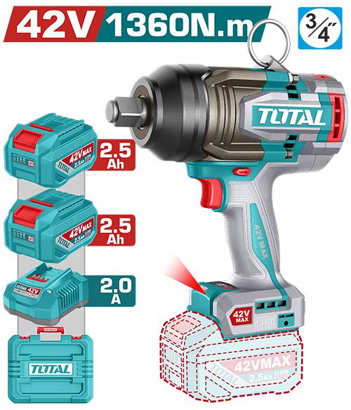 PISTOLA IMPACTO INALAMBRICA 3/4"" 42V 1360NM CAJA PLASTICA INCLUYE 2 BATERIA 2.5AH , 1 CARGADOR INDUSTRIAL SUPER TOTAL (UTIWLI421362) Item: 23800