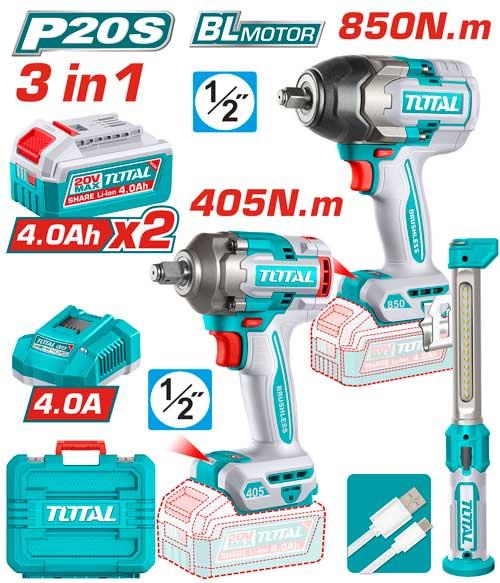 COMBO INALAMBRICO 20V PISTOLA IMPACTO INALAMBRICO 1/2 850NM + PISTOLA IMPACTO INALAMBRICA 1/2 405 NM + LAMPARA DE TRABAJO 300 LUMENES RECARGABLE +2 BATERIA 4.0 AH Y CARGADOR INDUSTRIAL SUPER TOTAL (UTOSLI260285) Item: 23831