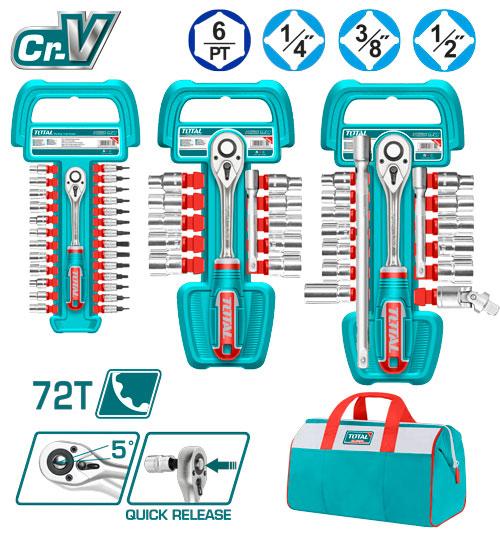 JUEGO DE RACHE 1/4-1/2-3/8"" + 57 ACCESORIOS INDUSTRIAL TOTAL (TOS23092) Item: 23807