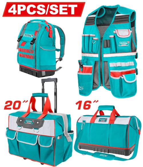 JUEGO DE PORTA HERRAMIENTA X 4 PZS (MALETIN + BOLSO + MALETA + CHALECO) ( SUPER TOTAL (TOS230914) Item: 23698