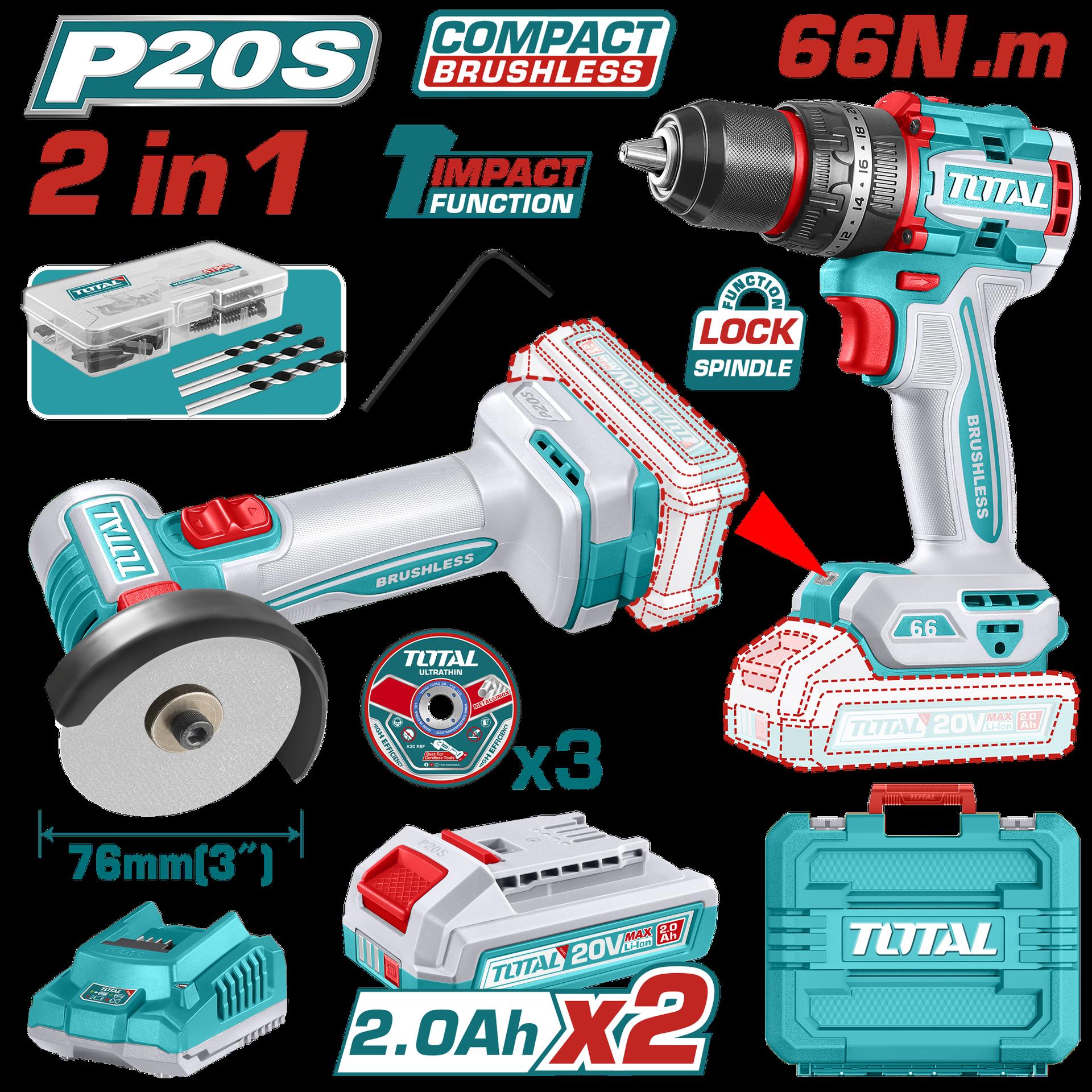 COMBO INALAMBRICO 20V X 2 PZS TALADRO PERCUTOR 1/2"" 66 N.M + MINI PULIDORA 3"" INCLUYE 2 BATERIAS 2.0 AH + CARGADOR + 3 DISCOS Y 47 ACCESORIOS INDUSTRIAL SUPER TOTAL (UTCKLI20255) Item: 23687