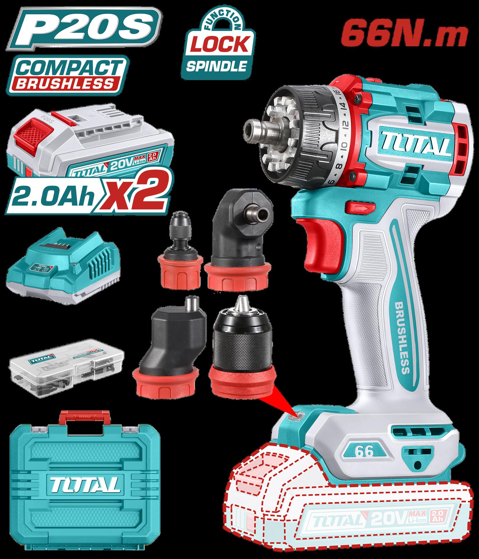 TALADRO ATORNILLADOR MULTICABEZAL 20V 66NM INCLUYE 2 BATERIAS 2.0AH, CARGADOR Y ACCESORIOS INDUSTRIAL SUPER TOTAL (UTDLI206686) Item: 23686