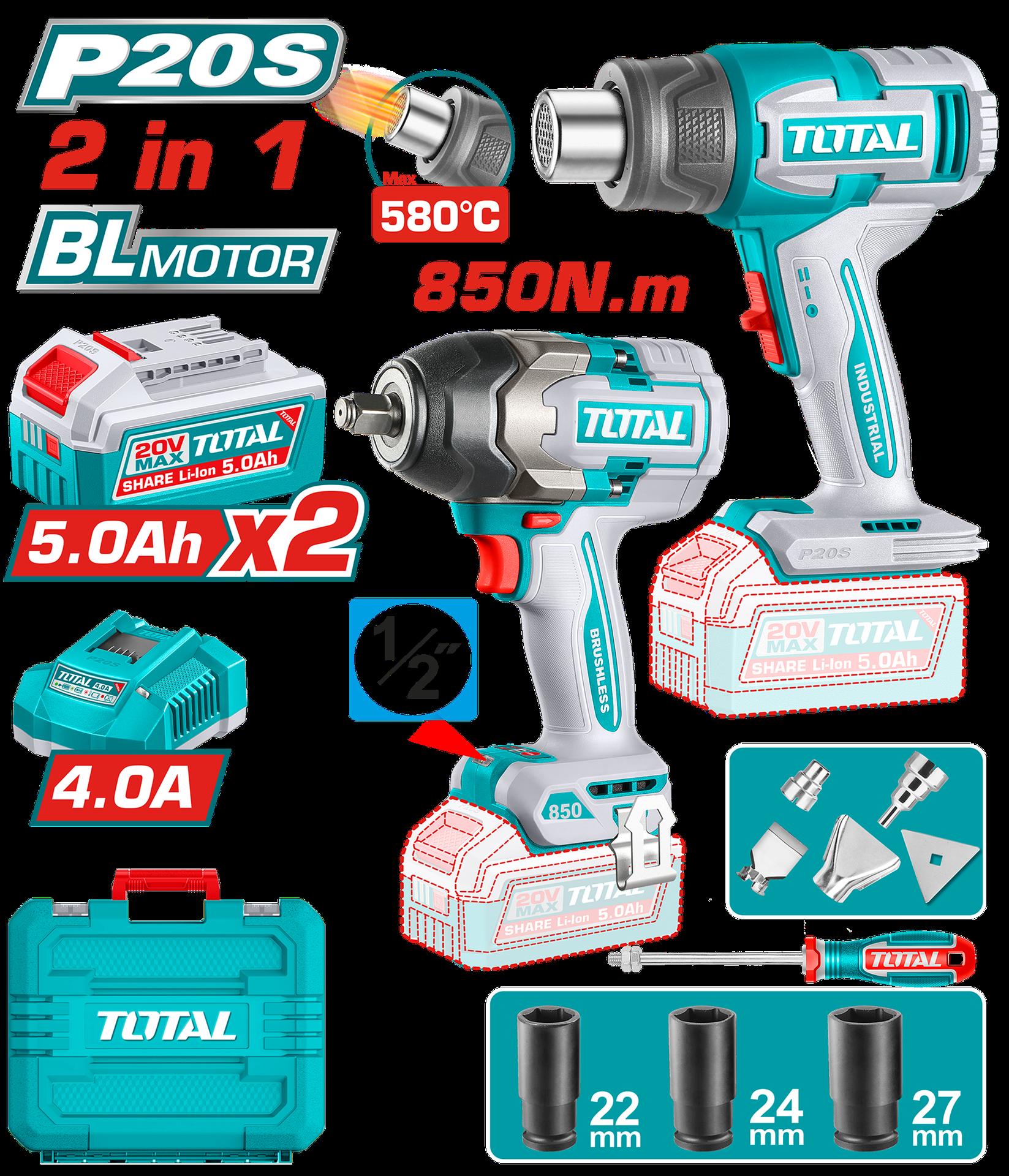 COMBO INALAMBRICO 20V PISTOLA IMPACTO INALAMBRICA 1/2"" 850NM + PISTOLA CALOR TEMPERATURA AJUSTABLE 30-580°C + 2 BATERIAS 5.0AH + CARGADOR 4.0AH + ACCESORIOS INDUSTRIAL TOTAL (UTOSLI260381) Item: 23657