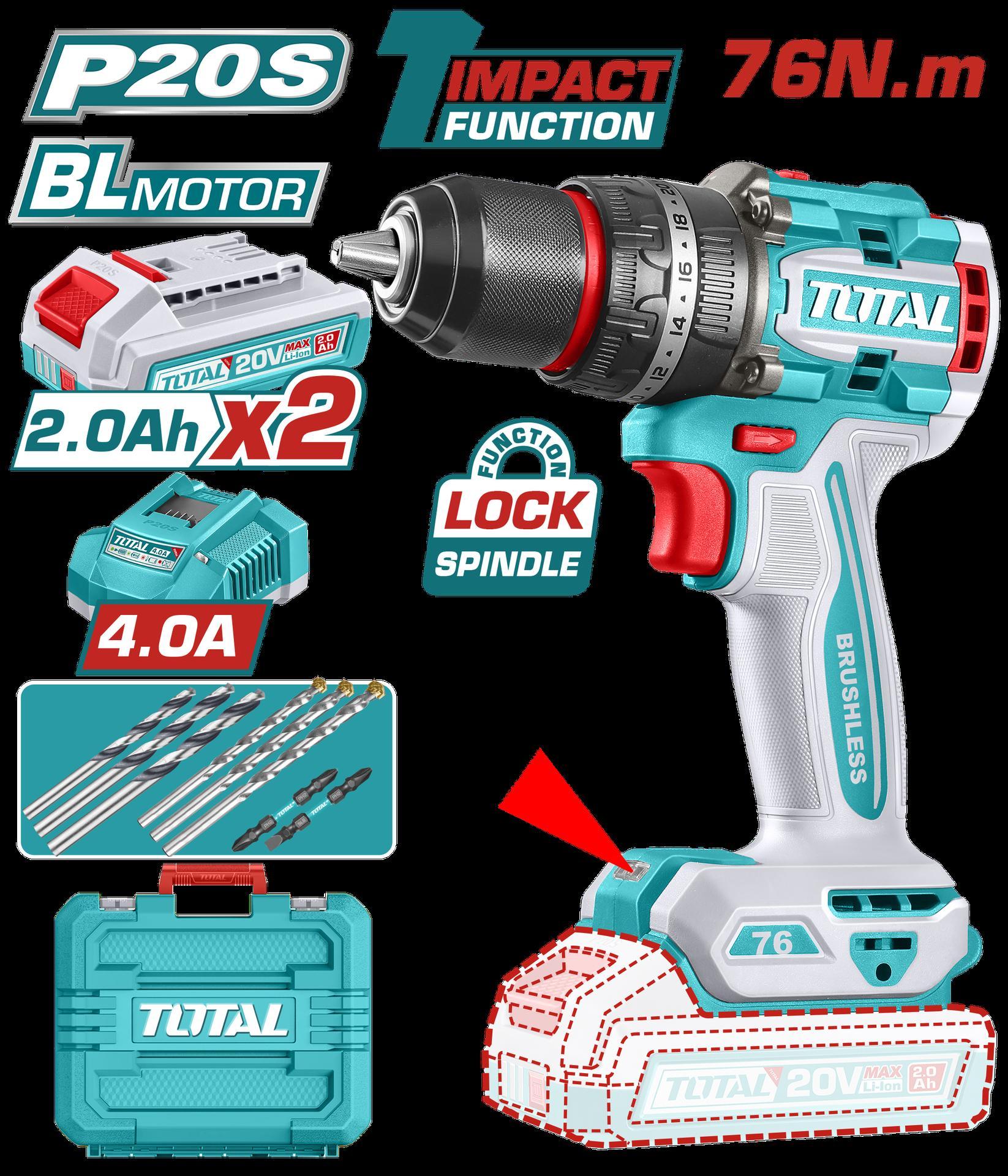 TALADRO INALAMBRICO PERCUTOR 1/2 20V 76 NM INCLUYE 2 BATERIA DE 2.0AH, CARGADOR Y ACCESORIOSINDUSTRIAL SUPER TOTAL (UTIDLI207686) Item: 23637