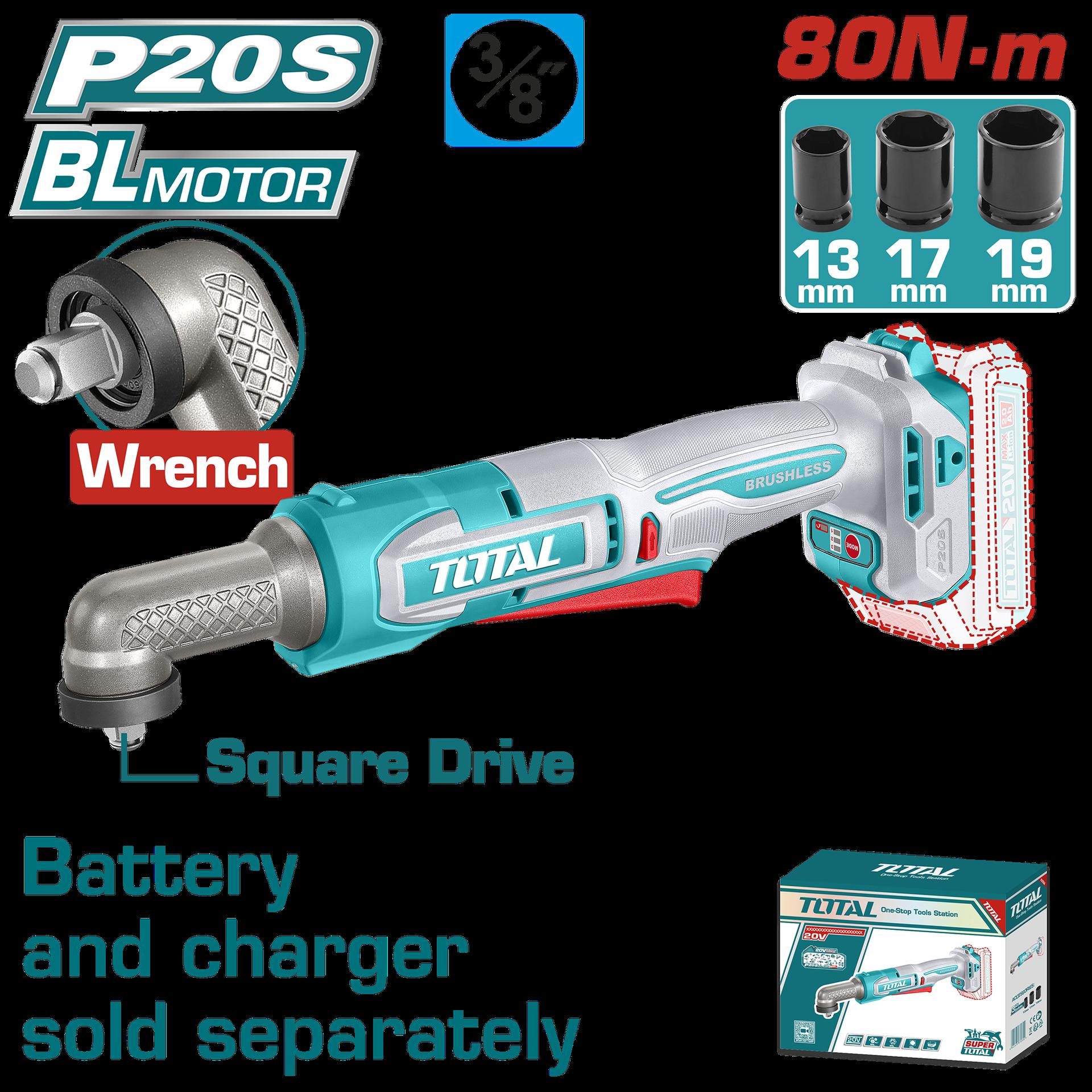 ATORNILLADOR DE IMPACTO DE ANGULO 3/8"" 20V 80NM INCLUYE ACCESORIOS BATERIA Y CARGADOR SE VENDEN POR SEPARADO INDUSTRIAL SUPER TOTAL (TAIWLI2081) Item: 23606