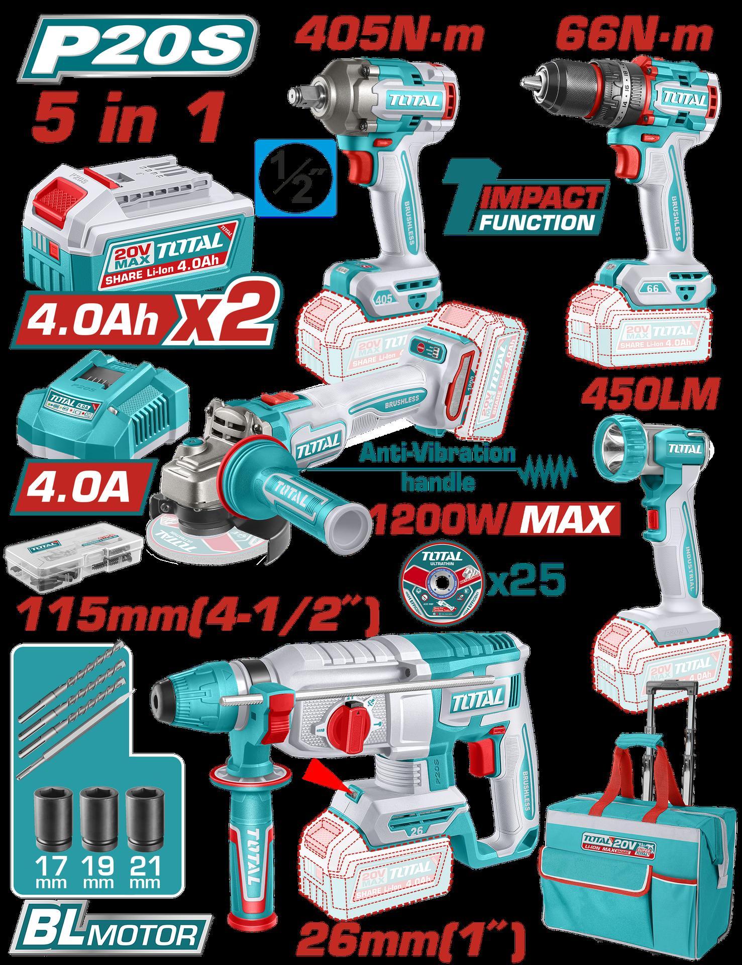 COMBO INALAMBRICO 20V TALADRO ROTOMARTILLO 1"" SDS PLUS 2,5 JULES + PISTOLA IMPACTO INALAMBRICA 1/2"" 405NM + TALADRO DE IMPACTO 1/2"" 66NM + PULIDORA 4 1/2"" 1200W + LINTERNA INALAMBRICA 450 LUMENES + 2 BATERIAS 4.0AH + CARGADOR INCLUYE ACCESORIOS INDUSTRIAL SUPER TOTAL (UTCKLI20595) Item: 23601