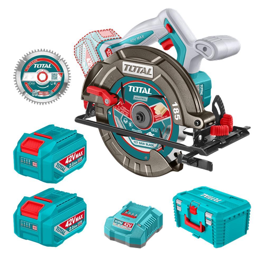 SIERRA CIRCULAR INALAMBRICA 42V 7-1/4"" INCLUYE 2 BATERIA 2.5AH, CARGADOR + DISCO DE CORTE 24T CAJA PLASTICA INDUSTRIAL SUPER TOTAL (UTSLI4218512) Item: 23393