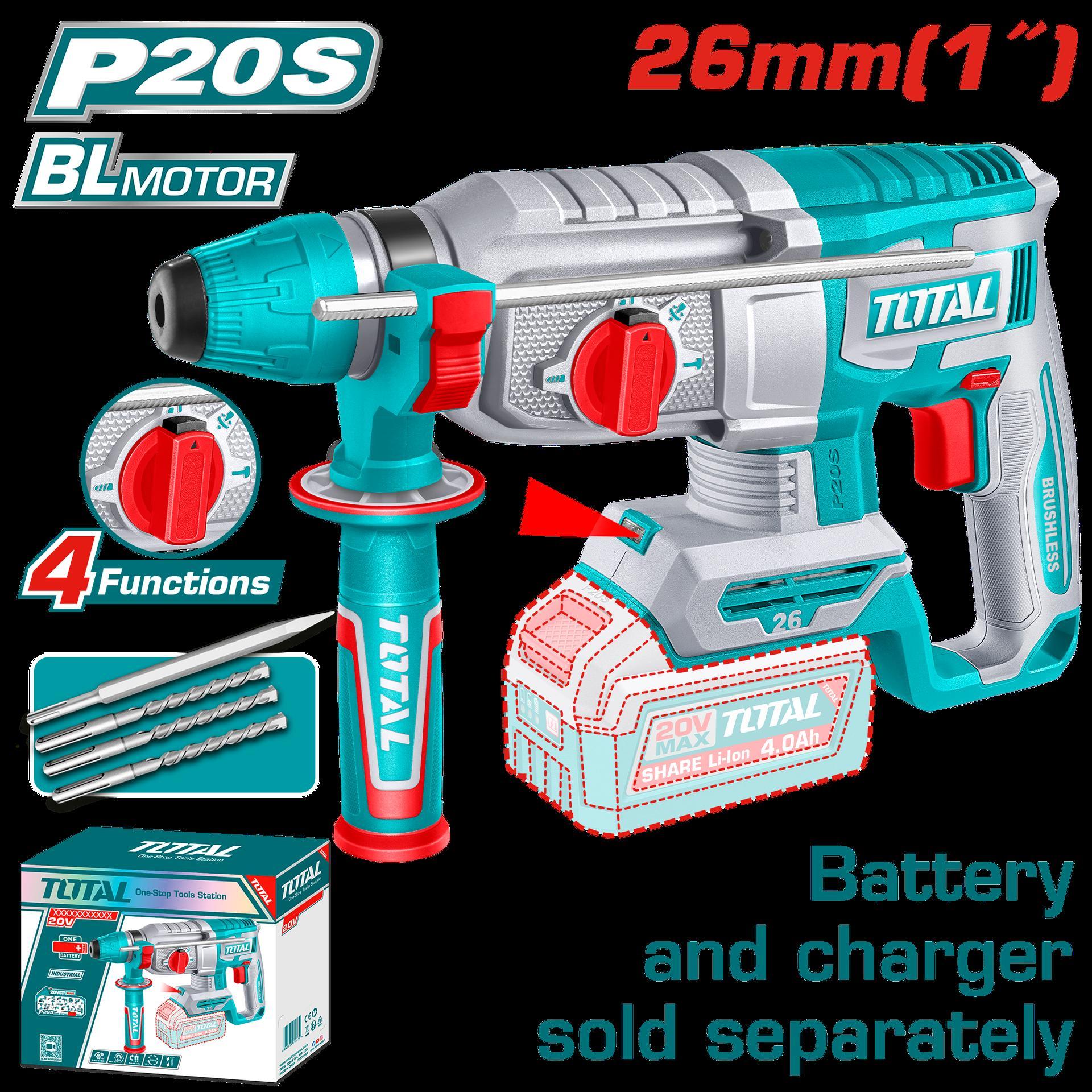 TALADRO INALAMBRICO ROTOMARTILLO 1"" 20V SDS PLUS 2.5 JULES INCLUYE 3 BROCAS , 1 CINCEL CARGADOR Y BATERIA SE VENDEN POR SEPARADO INDUSTRIAL TOTAL (TRHLI26208) Item: 23216