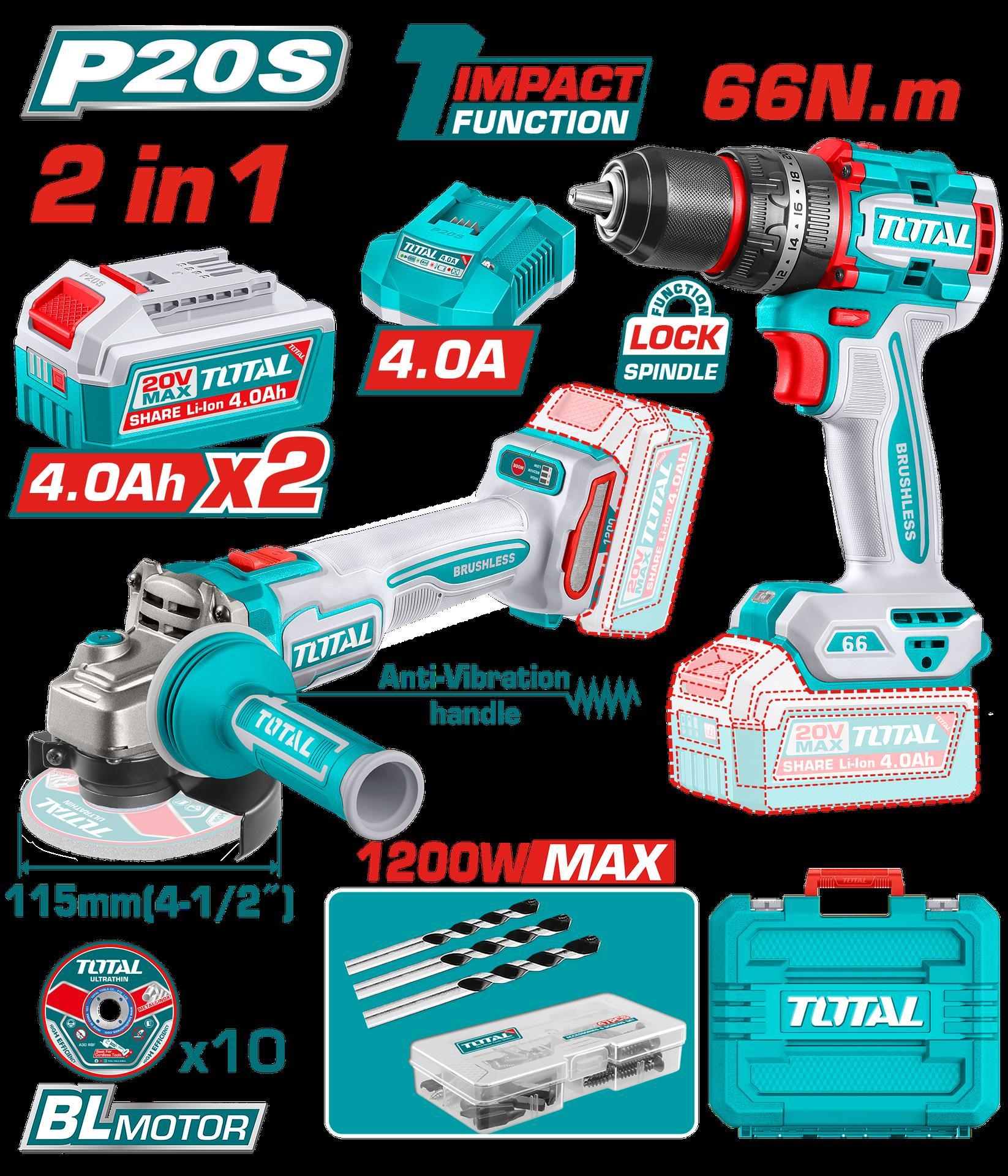 COMBO INALAMBRICO 20V PULIDORA 4 1/2 INDUSTRIAL 1000W + TALADRO PERCUTOR 1/2 66NM + 2 BATERIAS 4.0AH + CARGADOR + ACCESORIOS CAJA PLASTICA INDUSTRIAL SUPER TOTAL (UTCKLI20256) Item: 23211