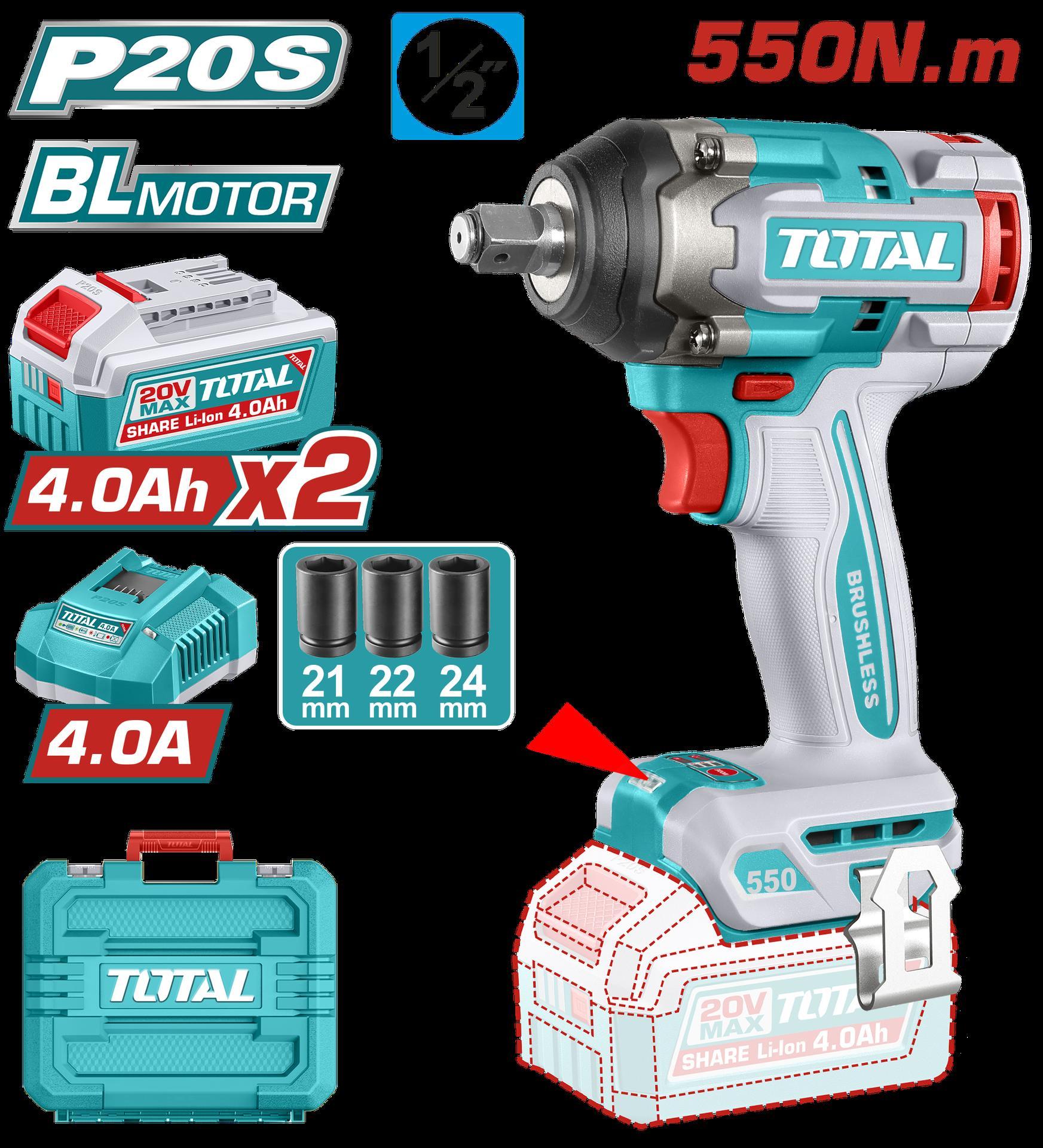 PISTOLA IMPACTO INALAMBRICA 1/2"" 20V 550NM CAJA PLASTICA INCLUYE 2 BATERIA 4.0AH , 1 CARGADOR Y ACCESORIOS INDUSTRIAL SUPER TOTAL (UTIWLI2055) Item: 23197