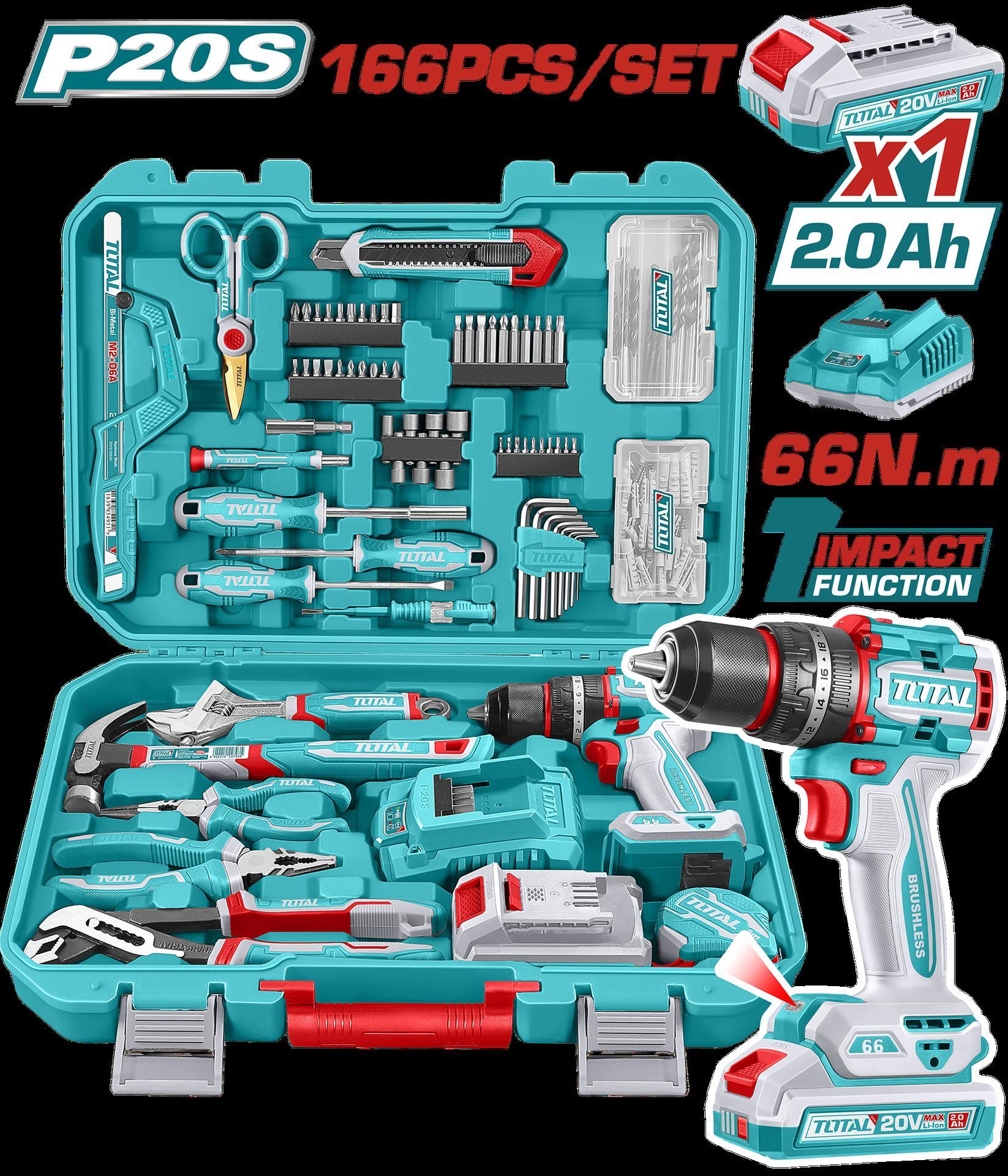 TALADRO PERCUTOR INALAMBRICO 1/2"" 20V 66NM + 1 BATERIA 2.0AH + CARGADOR + 163 HERRAMIENTAS INDUSTRIAL SUPER TOTAL (UTHKTHP41667) Item: 23193