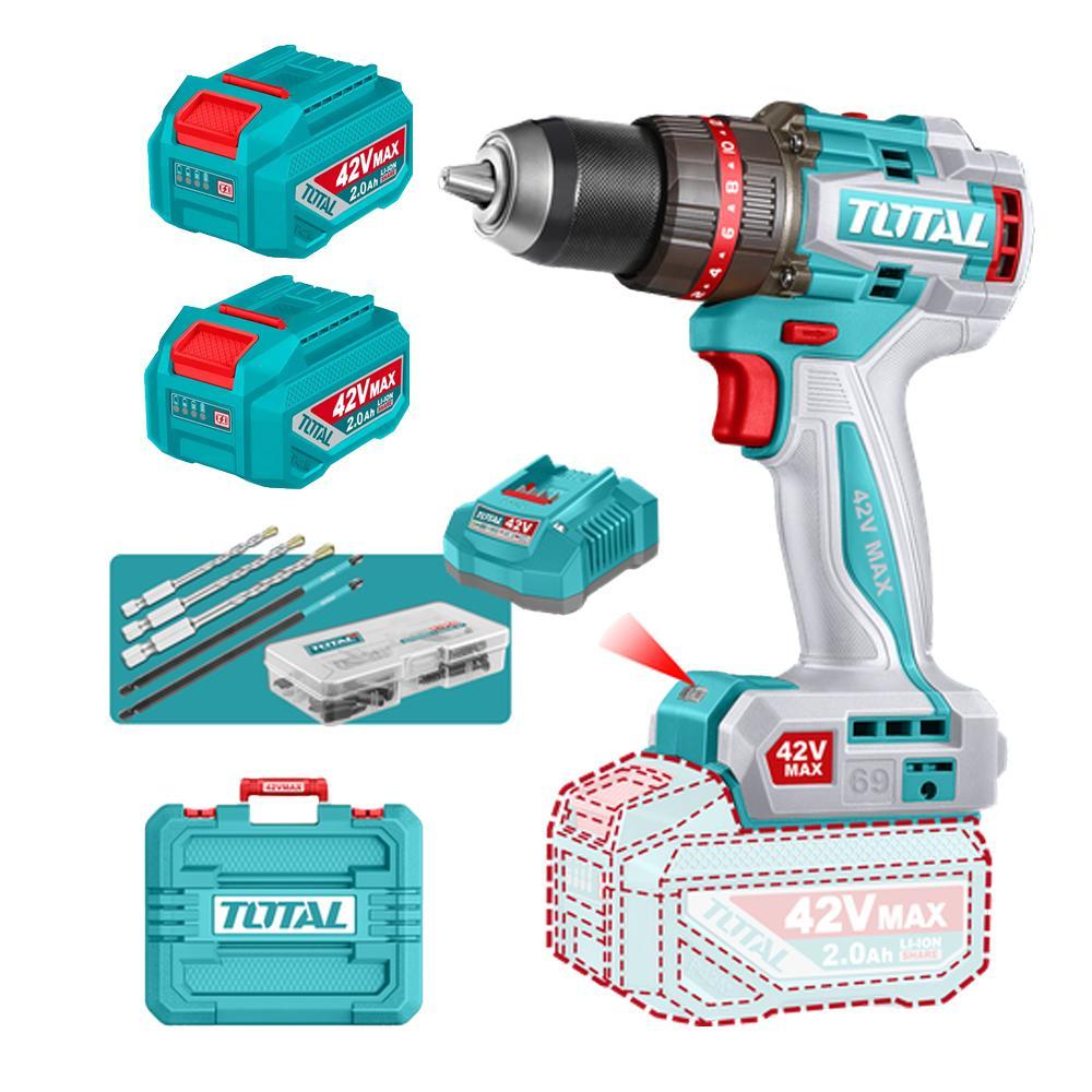 TALADRO DE IMPACTO INALAMBRICO 1/2 42V 69NM INCLUYE 2 BATERIA DE 2.0AH, CARGADOR,47 ACCESORIOS,3 BROCAS CONCRETO y 2 PUNTAS DESTORNILLADOR INDUSTRIAL SUPER TOTAL (UTIDLI426982) Item: 23380